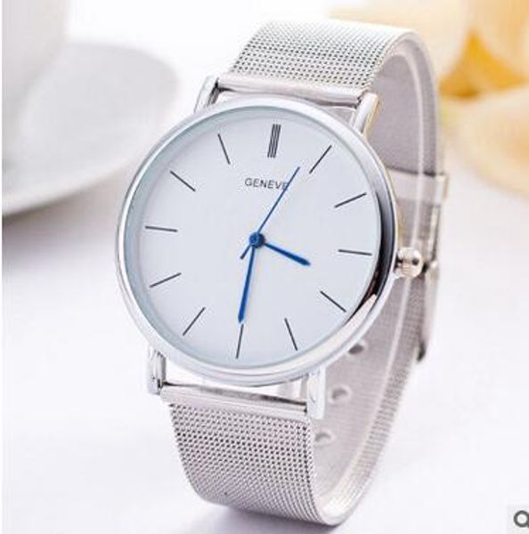 Relojes casuales de moda Relojes de correa de red de plata dorada de cuarzo simple Relojes de Ginebra Reloj de pulsera de cuarzo para hombres GRATIS con DHL