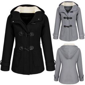 Mode Casual Hiver Chaud Slim Vestes Manteau Outwear Polaire À Capuchon Corne Bouton Pardessus Automne Femmes Poches Longs Manteaux Élégants 211014