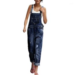 Mode casual vrouwen hoge kwaliteit losse denim jeans broek gat overalls riemen jumpsuit rompertjes broek 2.191