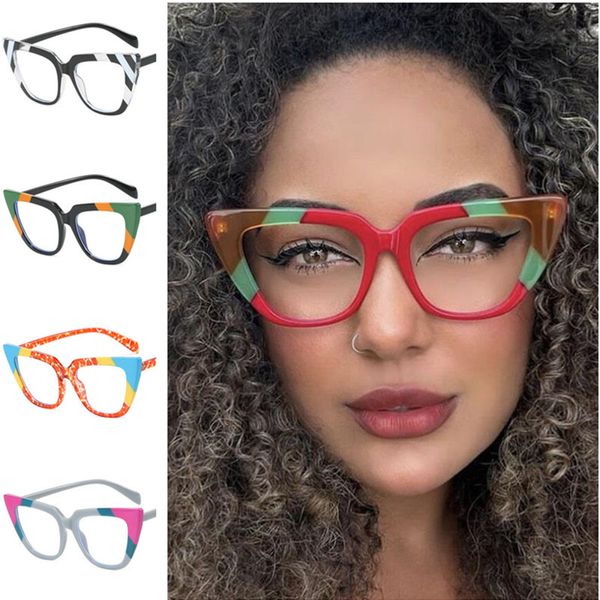 Fashion Cat Eyeglasses Personalidad Espectáculos Patcwork Marco Googles Simplitud Specklasses Mujeres Gafas de luz anti-Blue