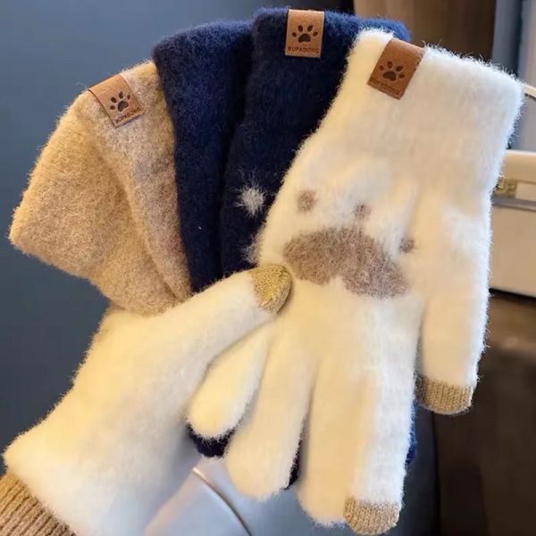 Gants imprimés patte de chat à la mode pour téléphone portable, gants tricotés pour écran tactile, mitaines d'hiver épaisses et chaudes pour adultes, gants doux et moelleux pour femmes