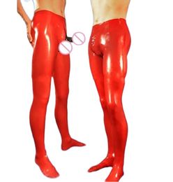 Mode Catsuit Costumes PVC Faux Cuir rouge Sexy Pantalon Leggings avec entrejambe fermeture éclair Attaché Chaussettes pour adultes