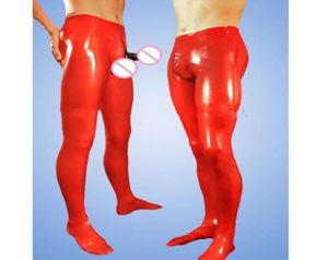 Mode Catsuit Kostuums PVC Faux Leather Red Latex Sexy broek Leggings met Crotch Zipper Attached Socks6122633