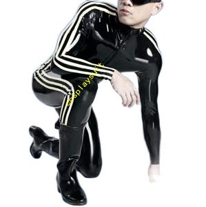 Mode Catsuit Costumes PVC Faux cuir justaucorps vêtement sexy pour les combinaisons serrées masculines avec des bandes blanches 3-way Front Zipper to Hip