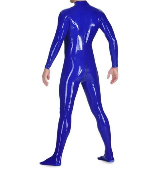 Costumes de Catsuit de mode PVC Faux cuir bleu combinaison à manches longues avec fermeture à glissière à 3 voies avant à travers le costume de corps d'entrejambe pour adultes sur mesure