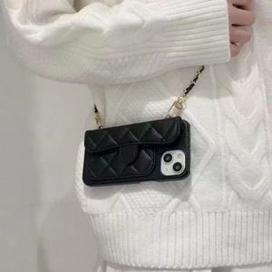 Étuis de téléphone à bandoulière Fashion Caviar pour iPhone 14 13 12 11 Pro Max Coque arrière mobile de luxe Designer Étui en cuir noir avec poche pour porte-carte