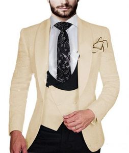 Mode Champagne embosser smokings marié Shawl Lapel Blazer Hommes Epoux Costumes formels Prom Party Costumes (veste + pantalon + Tie + Gilet) 805