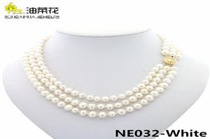 Mode Charme 3 Rijen 78mm Natuurlijke Witte Akoya Gekweekte Parels Ketting Sieraden Gouden Knop Vrouw Bruiloft Kerstcadeau AAA 17196734738