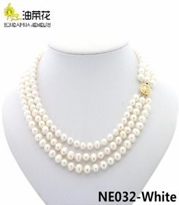 Mode Charme 3 Rijen 78mm Natuurlijke Witte Akoya Gekweekte Parels Ketting Sieraden Gouden Knop Vrouw Bruiloft Kerstcadeau AAA 17192007578