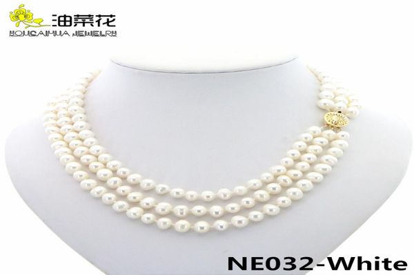 Encanto de moda 3 filas 78mm blanco Natural perlas cultivadas Akoya collar joyería botón dorado mujer boda regalo de Navidad AAA 17196734738