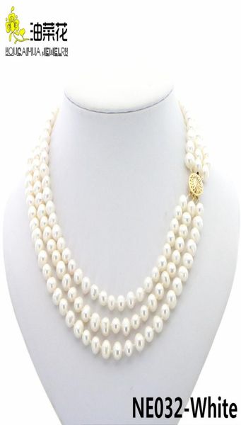 Charme de mode 3 rangées 78mm naturel blanc Akoya perles de culture collier bijoux or bouton femme mariage cadeau de noël AAA 17194135842