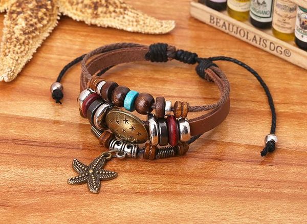 Mode bracelets porte-bonheur femmes hommes bracelets en cuir perles en céramique lien chaîne bracelets étoile de mer bijoux ethniques réglable