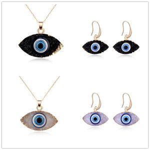 Mode Charm Luck Turkije Blue Evil Eye Oorbellen Ketting Druzy Drusy Hars Stone Hangerjewelry Set voor Vrouwen