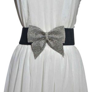 Fashion Charm New Rhinestone Bow Elastic Women Belt Decoration Dress Coat Black Corset Belt Stretch Ladies Accessories Waistband G220301