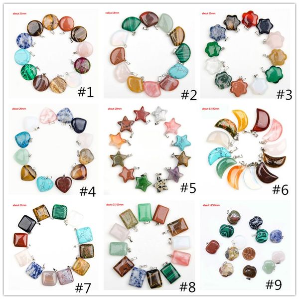 Moda Barato Cristales curativos Punto Turquesa Amatista Cuarzo rosa Chakra Corazón Luna Colgantes de piedra natural Encantos para collares de piedra