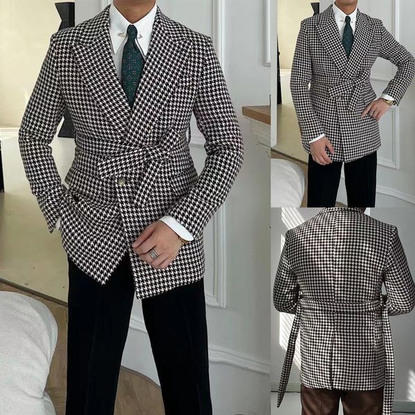 Costumes à carreaux pour hommes, coupe cintrée, revers à pointe, 2 pièces, Tuxedos de mariage, meilleur homme, Blazer, Costume de fête de bal, pantalon noir