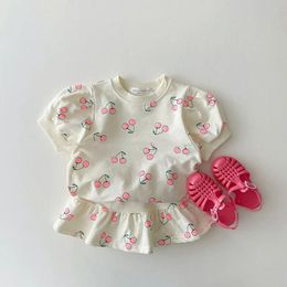 Fashion Cherry Print Girls Clothing Sets Summer Baby Girl Short Sleeve T -shirt tops Skirts 2pcs Princess Set 240327