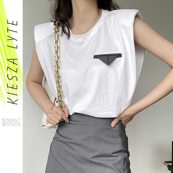 Mode Chic Tee Sans Manches Épaule Coton T-shirt Été Triangle Poche Femme Top Streetwear 210608
