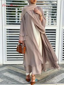 Fashion Chiffon Abaya Kimono Dubai Muslim Cardigan Abayas Femmes Robe décontractée Vêtements Islam avec ceinture F2664240416