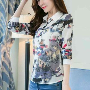 Mode Chiffon Chinese stijl inkt gedrukte vrouwen blouse shirts bloemen lange mouw tops 901e 210420