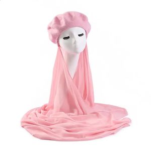 Fashion Chiffon Scarf Châles avec un chapeau de béret Femmes musulmanes Hijab Caps instantanés Hijabs Hijabs Bonnets Islamic Veil 240327