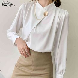 Mode Chiffon Vrouwen Blouse en Tops Office Lady Stand Collar Solid Shirts Puff Sleeve Vrouwelijke Kleding 13105 210508