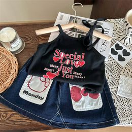 Fashion Children Cartoon Denim Skirt Ins Girls Pocket Elástica Causa de vaquero Falda de moda Fashion Love Heart Toqule Tops Vest S1388