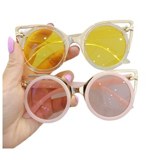 Mode enfants chat oreille lunettes de soleil INS Uv 400 filles lunettes de soleil enfants métal cadre rond plage vacances lunettes A7384