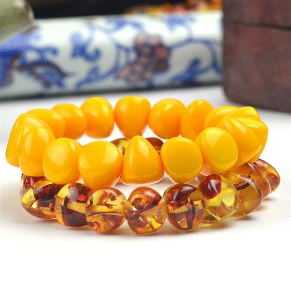 Mode chinois 15 13mm jaune perles de cire d'abeille ambre Bracelet élastique hommes femmes Mala méditation bijoux chance cadeaux New303w