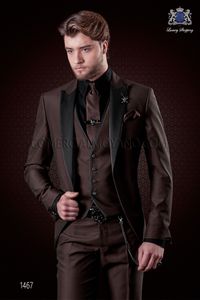 Mode Chocolade Bruidegom Tuxedos Piek Revers Groomsmen Mens Trouwjurk Knappe Man Jas Blazer 3 Stuk Suit (Jas + Broek + Vest + Tie) 921
