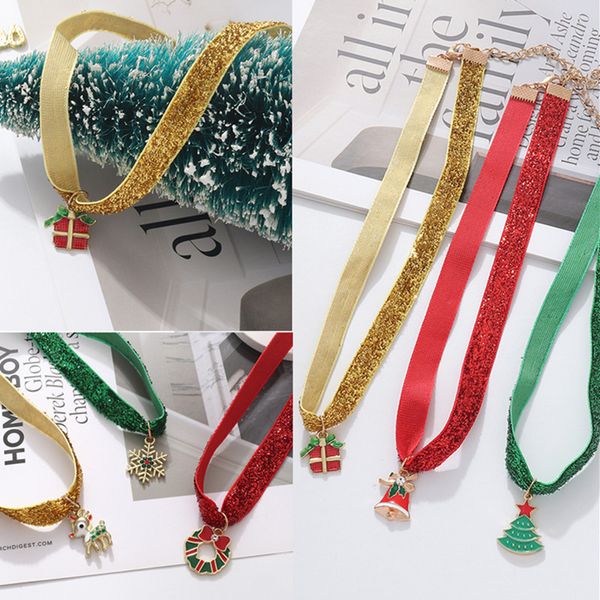 Mode Noël Ras Du Cou Designer Collier Pendentif pour Femmes Émail Alliage Cloche Flocon De Neige Elk Pendentifs Rouge Jaune Vert Chaîne En Cuir Sautoirs Colliers Femme Cadeau