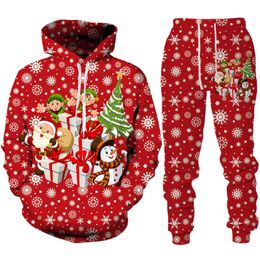 Mode Kerstsneeuwman 3D Print Hoodie Broek Pak Heren Casual Grappig Jaar Feestkleding Paar Streetwear Trainingspak Set 231220