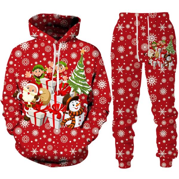 Mode Noël Bonhomme de neige 3D Imprimer Sweat à capuche Pantalon Costume Hommes Casual Funny Année Vêtements de fête Couple Streetwear Survêtement Ensemble 231220