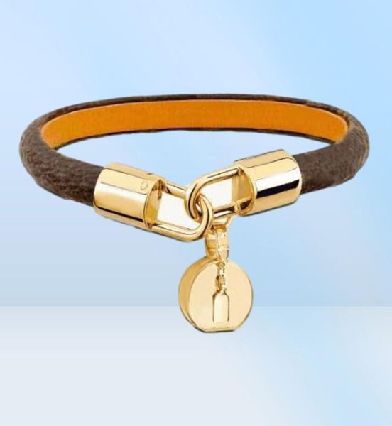 Bracelet en cuir de créateur de marque marron classique à la mode pour femmes et hommes, tête de verrouillage en métal, bracelets porte-bonheur, boucles d'oreilles, bracelets su3163247