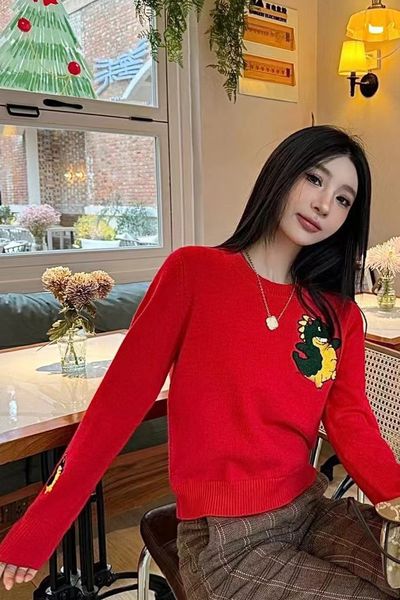 Mode Classique À La Mode De Luxe Designer Tissu Nouveau Dragon Brodé Logo Lâche Fit Casual Pull Rouge Pull Tricoté Top Femme G1