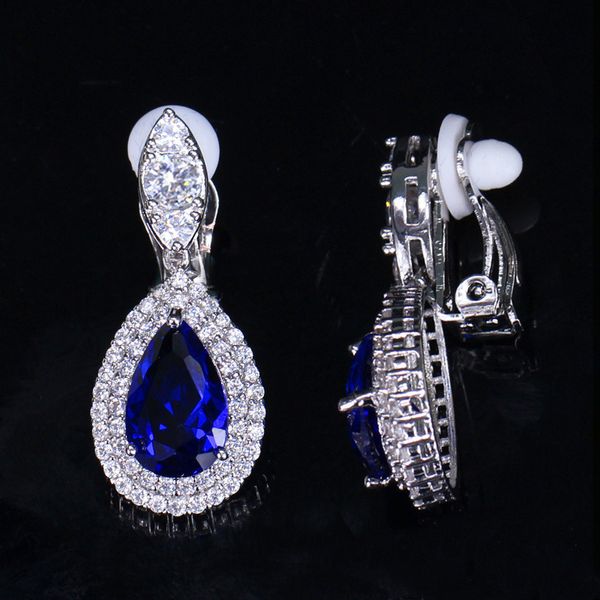 Boucles d'oreilles de créateur à clip de mode pour femmes colorées AAA zircon cubique bleu goutte d'eau diamant argent balancent mariée mariage luxe boucle d'oreille bijoux cadeau
