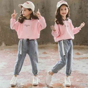 Conjunto de ropa de moda para niños niñas otoño sudaderas con capucha tops y jeans pantalones adolescentes algodón jersey abrigos 2 unids bebé chándales 210622