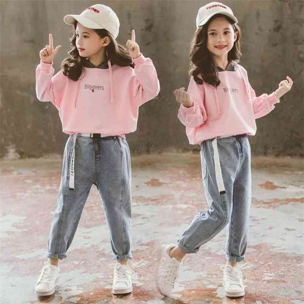 Conjunto de ropa de moda para niños niñas otoño sudaderas con capucha tops y jeans pantalones adolescentes algodón jersey abrigos 2 unids bebé chándales 210622