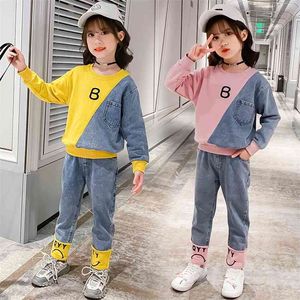 Mode Kleding Set voor Kinderen Meisjes Katoen O-hals Jeans Sweatshirts + Broek Tiener Patchwork Denim Tracksuits Spring Suits 12Y 210622