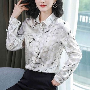 Mode Kleding Lange Mouw Print Zijde Shirt Button Up Satin Vintage Blouse Vrouwen Vrouwelijke Losse Shirts 625E 210420