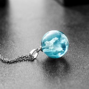 Fashion- Nuages ​​Verre Résine Bleu Ciel Boule universelle pendentif boule Necklac Bijoux