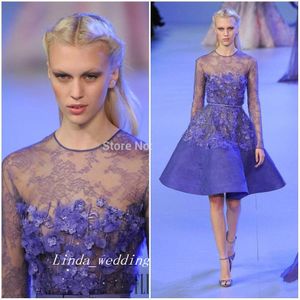 Mode Collectie Elie Saab Mini Avondjurk Vintage Blauwe Sheer Hals Applique Formele Partyjurk GRATIS VERZENDING