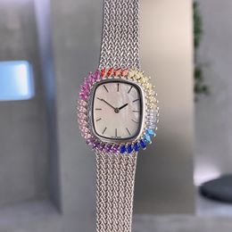 Mode kleur diamant dames horloge kwarts horloges 30 mm 32 mm comfortabele armband roestvrijstalen riem drop stone bezel ontwerp prachtige polshorloge montre de luxe