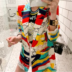 Mode Kleurrijke Blok Letter Print Feminino Dames Lange Mouw Blazer Notched Collar Coat Vrouwelijke Losse Bovenkleding 210416