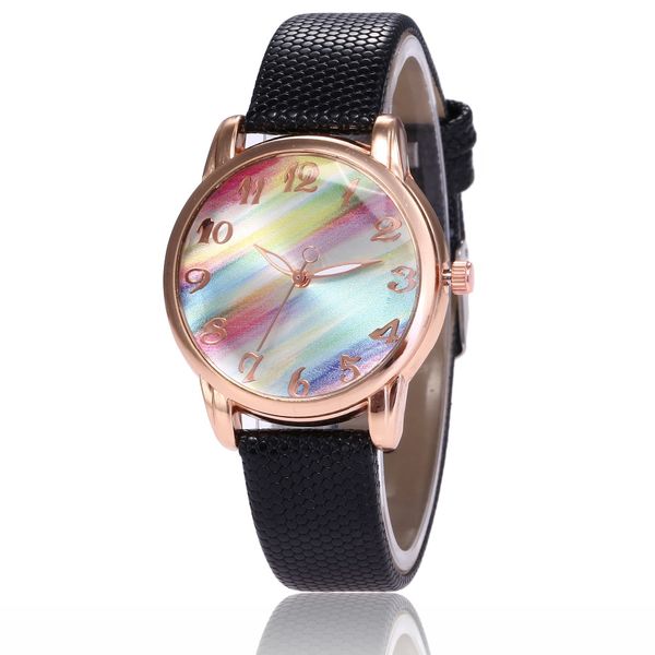 Mode coloré petit cadran femmes dames arc-en-ciel impression montres en cuir en gros femme dame robe montres à quartz