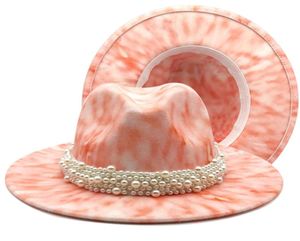 Mode Coloré Tiedyed Laine Top Hat Printemps Couleur Fedora Chapeaux Dames Big Brim Party Jazz Feutre Casquette avec Perle À La Main Band7749920