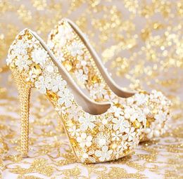 Fashion confortable Gold Wedding Chaussures Femme Plate-forme de femmes hautes talons en ramine et chaussures nuptiales faites ￠ la main en cuir authentique4810171