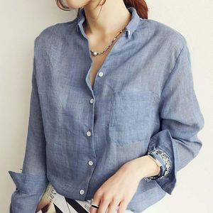 Fashion Comfortable Korean Women Long Sleeve Blouse Elastic Blue Linen Womens Tops White 1PC Gray Soft Size S/M/L/XL/XXL