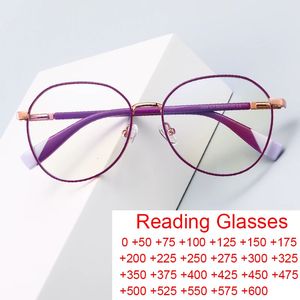 Fashion Computer Anti Blue Rays Hypperopia Gafas de lectura Candy Colors para mujer Prescripciones Sezasas Morden Round Purple Glass 240415