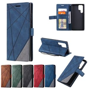 Huidgevoel lederen portemonnee kisten voor Samsung S24 Ultra S23 Fe plus A14 5G A05 A05S A25 A35 A55 Geometrie Business Hit Contrast Color Hybrid Card Slot Slot Holder Flip Cover Pouch